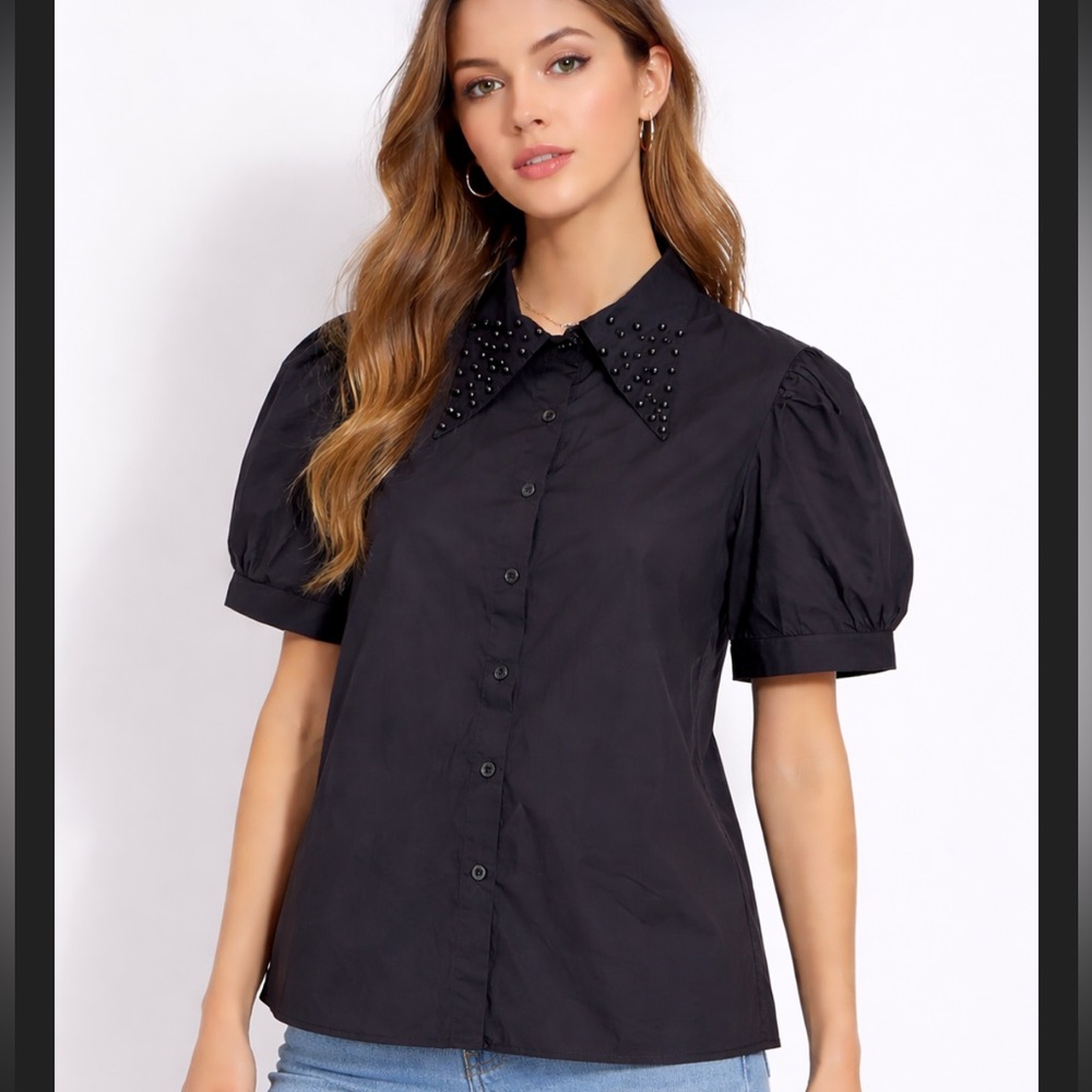 Elisa Black Studded Collar Blouse Puff Sleeve Button Up Top Women's Size S/M